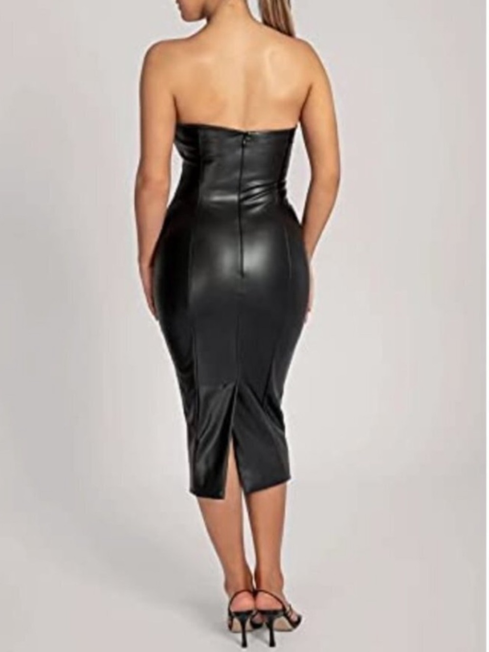 Babyboo Maxine Black Faux Leather Strapless Midi Dress bodycon small EUC - Picture 2 of 6